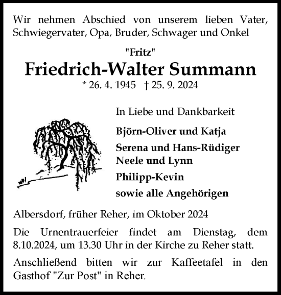 Traueranzeige von Friedrich-Walter Summann von Norddeutsche Rundschau, Wilstersche Zeitung, Glückstädter Fortuna