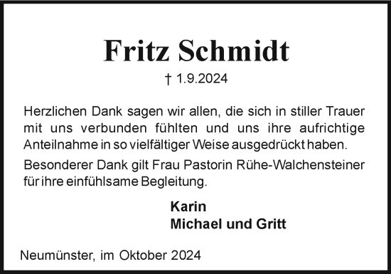 Traueranzeige von Fritz Schmidt von Holsteinischer Courier