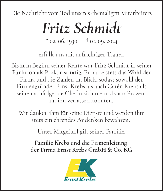 Traueranzeige von Fritz Schmidt von Holsteinischer Courier