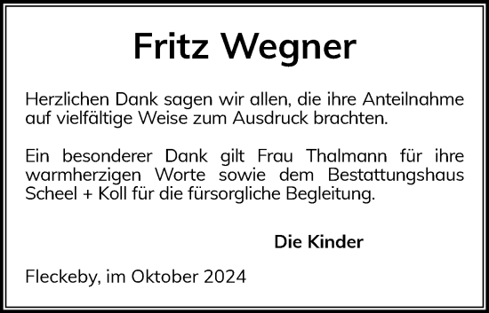 Traueranzeige von Fritz Wegner von Eckernförder Zeitung, Hallo Eckernförde