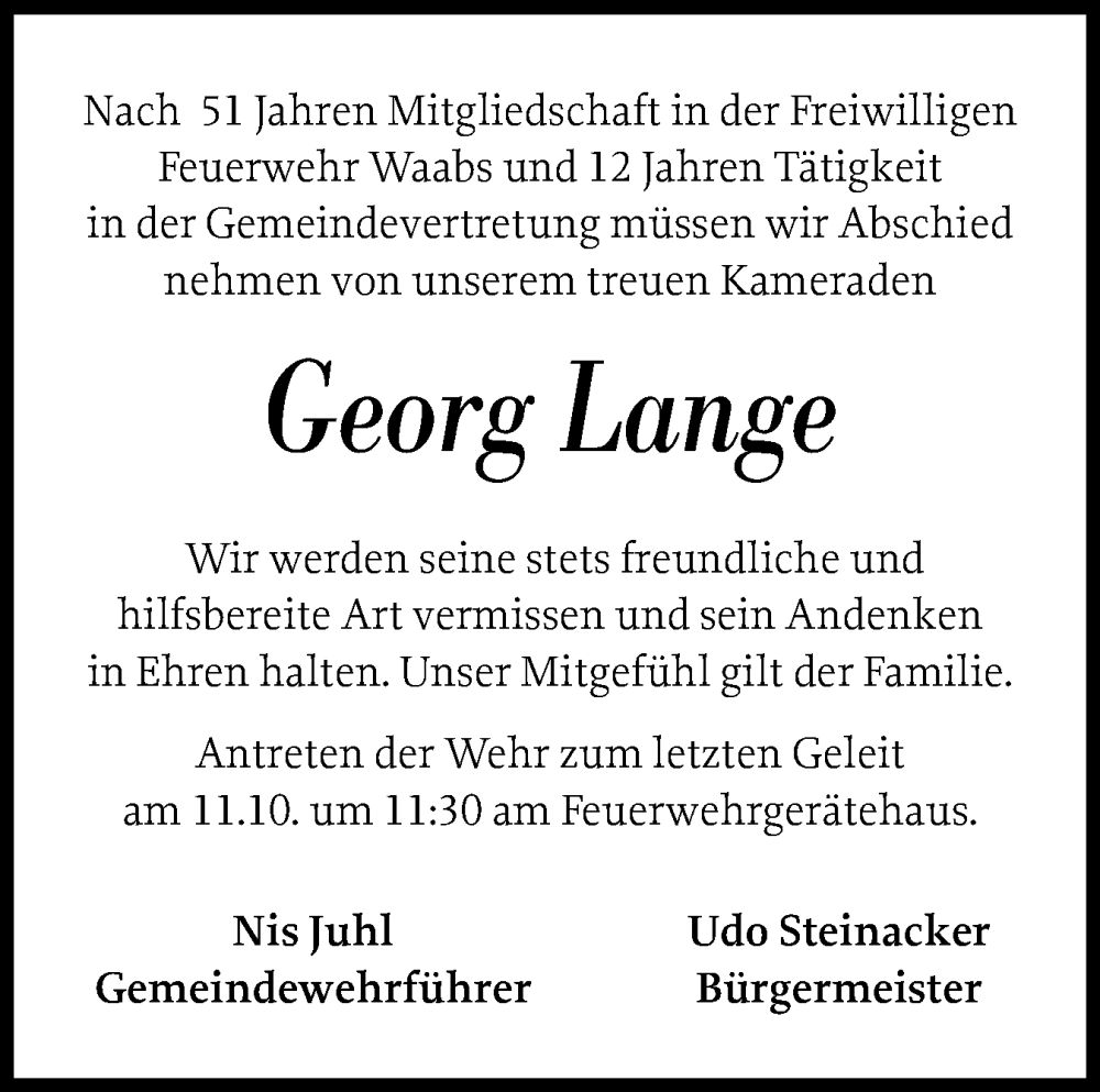  Traueranzeige für Georg Lange vom 05.10.2024 aus Eckernförder Zeitung, Hallo Eckernförde