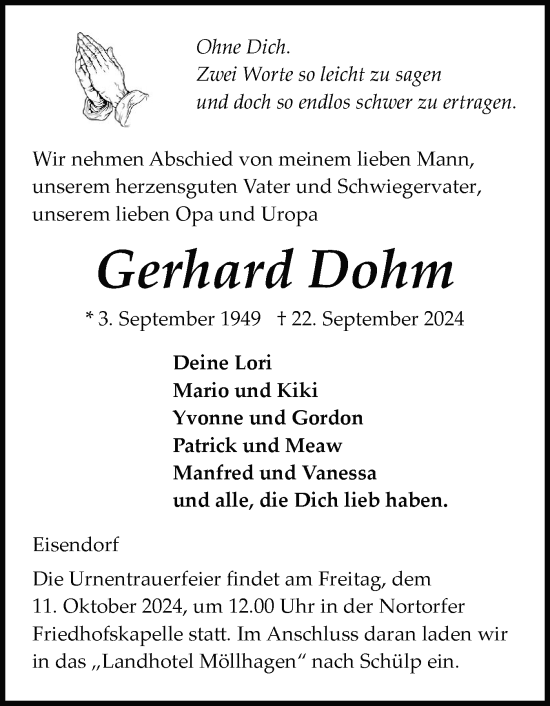 Traueranzeige von Gerhard Dohm von Schleswig-Holsteinische Landeszeitung