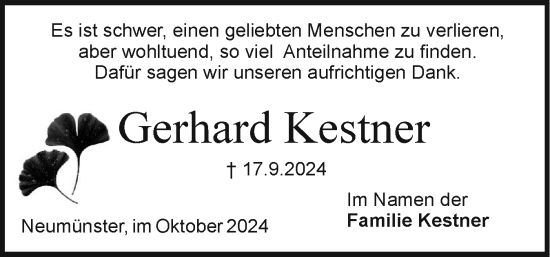 Traueranzeige von Gerhard Kestner von Holsteinischer Courier