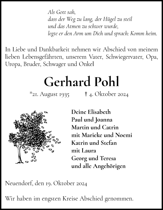 Traueranzeige von Gerhard Pohl von Elmshorner Nachrichten, Barmstedter Zeitung