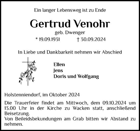 Traueranzeige von Gertrud Venohr von Norddeutsche Rundschau, Wilstersche Zeitung, Glückstädter Fortuna