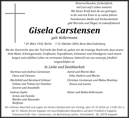 Traueranzeige von Gisela Carstensen von Schleswiger Nachrichten, Schlei-Bote