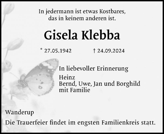 Traueranzeige von Gisela Klebba von Flensburger Tageblatt