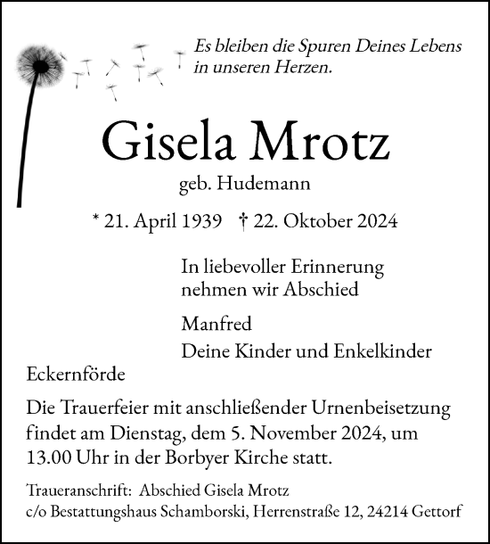 Traueranzeige von Gisela Mrotz von Eckernförder Zeitung, Hallo Eckernförde