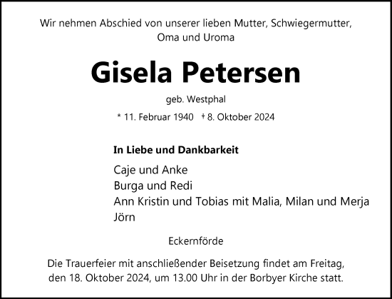 Traueranzeige von Gisela Petersen von Eckernförder Zeitung