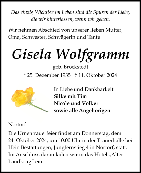 Traueranzeige von Gisela Wolfgramm von Schleswig-Holsteinische Landeszeitung