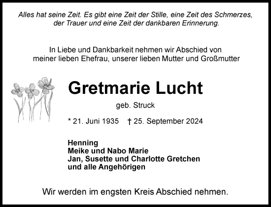 Traueranzeige von Gretmarie Lucht von Ostholsteiner Anzeiger