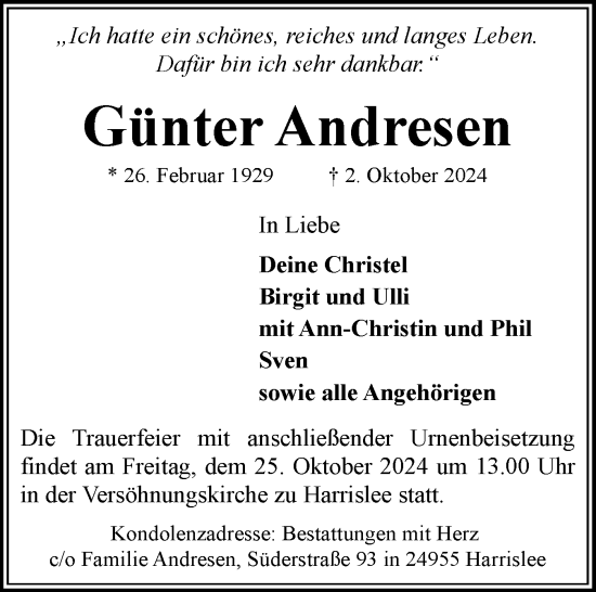 Traueranzeige von Günter Andresen von Flensburger Tageblatt