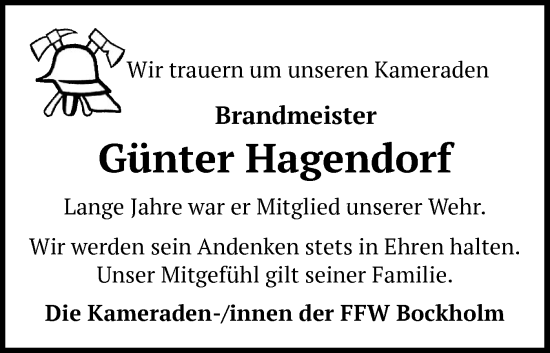 Traueranzeige von Günter Hagendorf von Flensburger Tageblatt