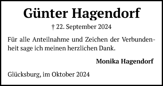 Traueranzeige von Günter Hagendorf von Flensburger Tageblatt