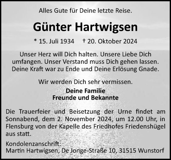 Traueranzeige von Günter Hartwigsen von Flensburger Tageblatt