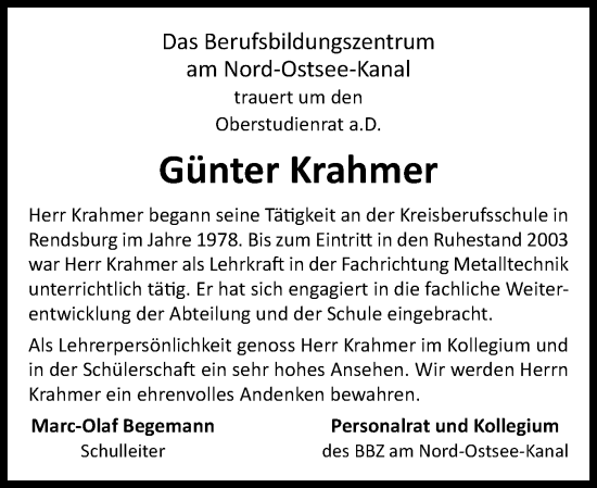 Traueranzeige von Günter Krahmer von Schleswig-Holsteinische Landeszeitung