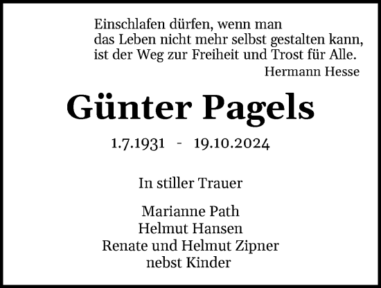 Traueranzeige von Günter Pagels von Schleswig-Holsteinische Landeszeitung