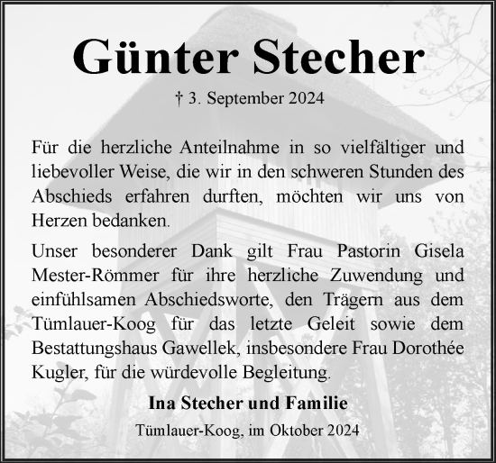 Traueranzeige von Günter Stecher von Husumer Nachrichten, Nordfriesland Tageblatt