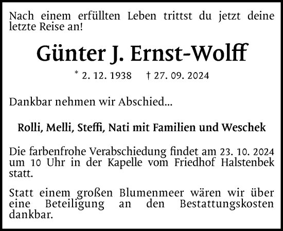 Traueranzeige von Günter J. Ernst-Wolff von Region Pinneberg und tip Pinneberg