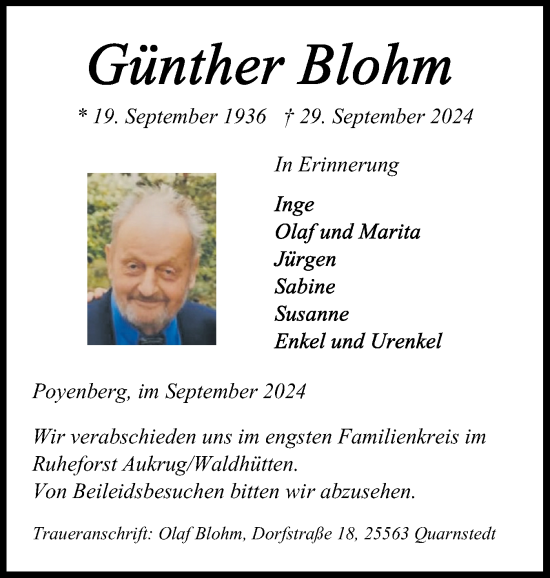 Traueranzeige von Günther Blohm von Norddeutsche Rundschau, Wilstersche Zeitung, Glückstädter Fortuna