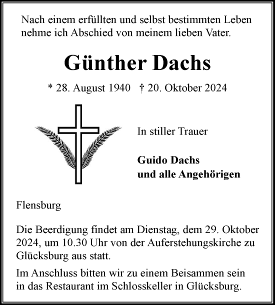 Traueranzeige von Günther Dachs von Flensburger Tageblatt