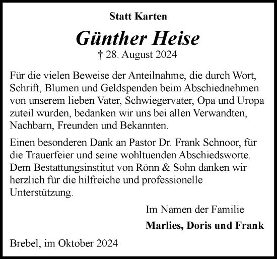 Traueranzeige von Günther Heise von Schleswiger Nachrichten, Schlei-Bote