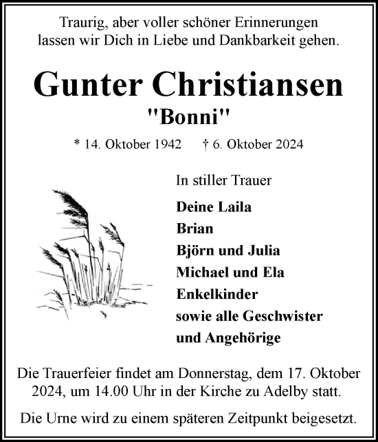 Traueranzeige von Gunter Christiansen von Flensburger Tageblatt