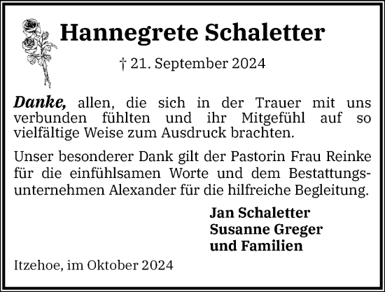 Traueranzeige von Hannegrete Schaletter von Norddeutsche Rundschau, Wilstersche Zeitung, Glückstädter Fortuna