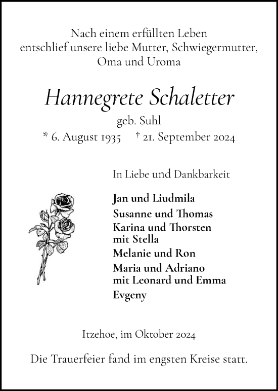 Traueranzeige von Hannegrete Schaletter von Norddeutsche Rundschau, Wilstersche Zeitung, Glückstädter Fortuna