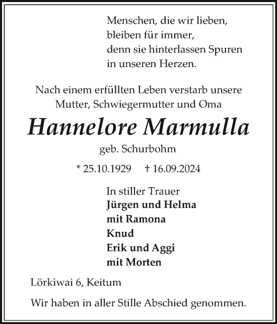 Traueranzeige von Hannelore Marmulla von Sylter Rundschau