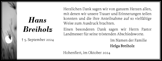 Traueranzeige von Hans Breiholz von Norddeutsche Rundschau, Wilstersche Zeitung, Glückstädter Fortuna