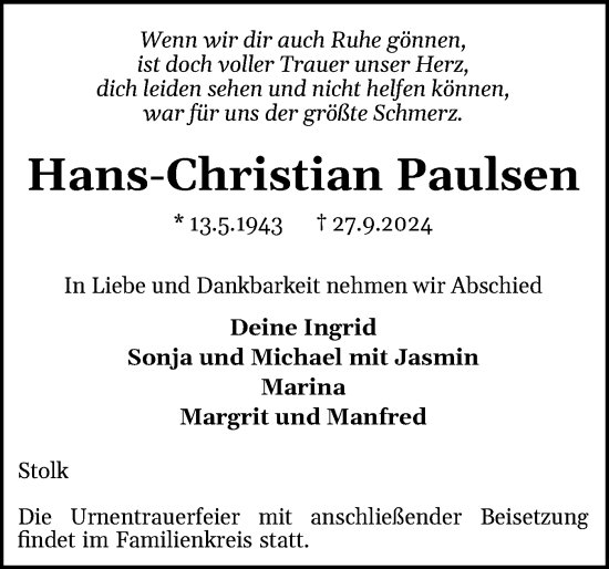 Traueranzeige von Hans-Christian Paulsen von Schleswiger Nachrichten, Schlei-Bote