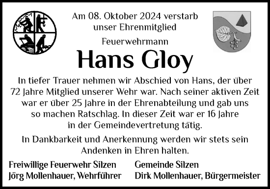 Traueranzeige von Hans Gloy von Norddeutsche Rundschau, Wilstersche Zeitung, Glückstädter Fortuna