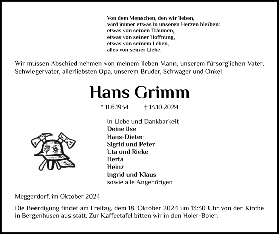 Traueranzeige von Hans Grimm von Schleswig-Holsteinische Landeszeitung