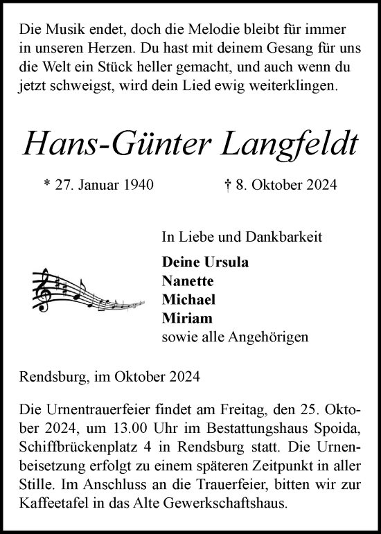 Traueranzeige von Hans-Günter Langfeldt von Schleswig-Holsteinische Landeszeitung