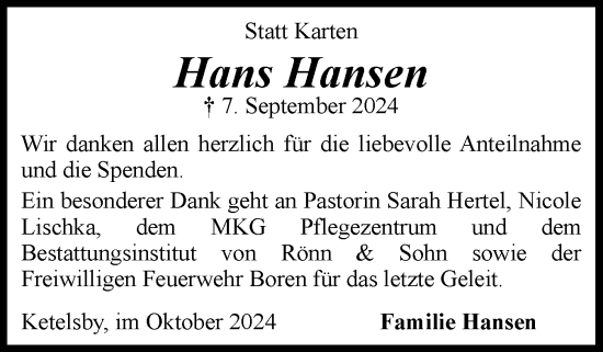 Traueranzeige von Hans Hansen von Schleswiger Nachrichten, Schlei-Bote