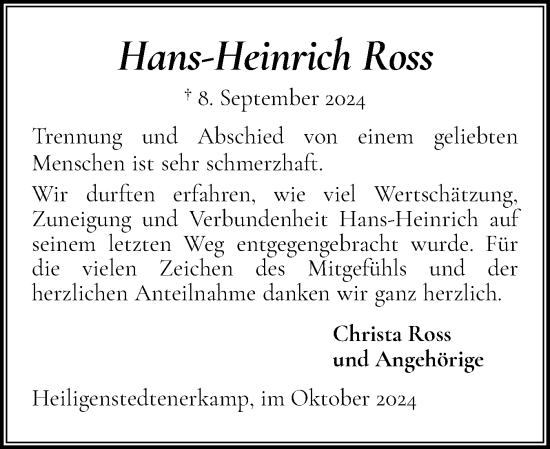 Traueranzeige von Hans-Heinrich Ross von Norddeutsche Rundschau, Wilstersche Zeitung, Glückstädter Fortuna