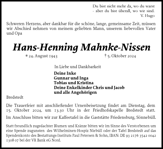 Traueranzeige von Hans-Henning Mahnke-Nissen von Husumer Nachrichten, Nordfriesland Tageblatt