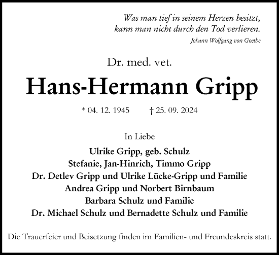 Traueranzeige von Hans-Hermann Gripp von Holsteinischer Courier