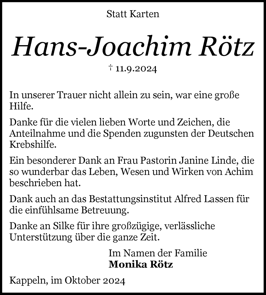  Traueranzeige für Hans-Joachim Rötz vom 23.10.2024 aus Schleswiger Nachrichten, Schlei-Bote