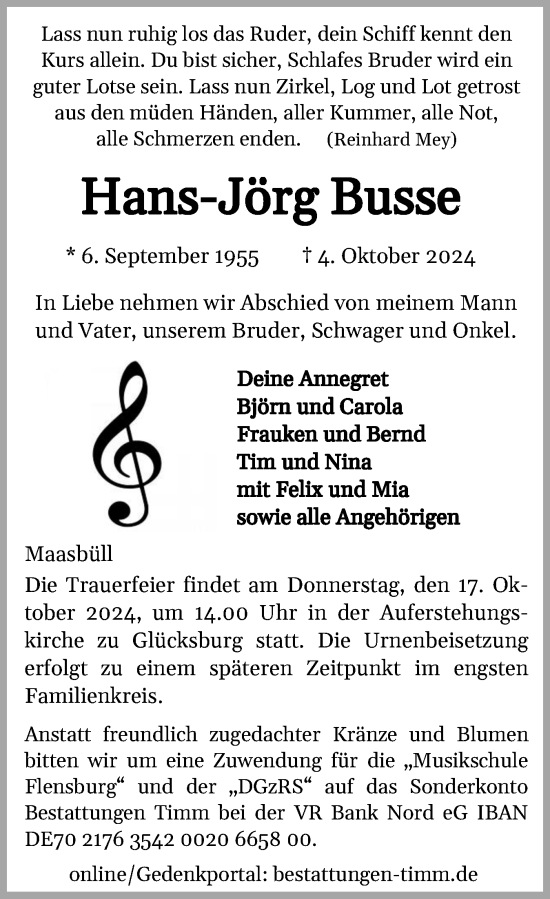 Traueranzeige von Hans-Jörg Busse von Flensburger Tageblatt