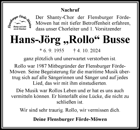 Traueranzeige von Hans-Jörg Busse von Flensburger Tageblatt