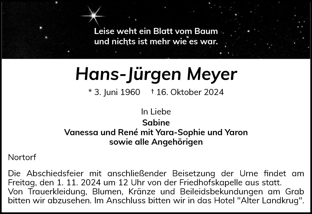  Traueranzeige für Hans-Jürgen Meyer vom 26.10.2024 aus Schleswig-Holsteinische Landeszeitung