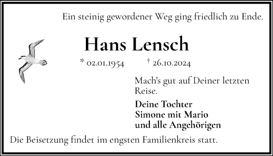 Traueranzeige von Hans Lensch von Schleswig-Holsteinische Landeszeitung