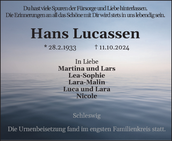 Traueranzeige von Hans Lucassen von Schleswiger Nachrichten, Schlei-Bote