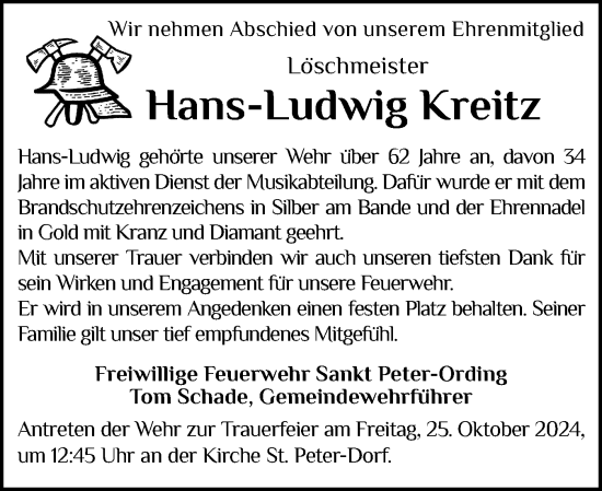 Traueranzeige von Hans-Ludwig Kreitz von Husumer Nachrichten, Nordfriesland Tageblatt