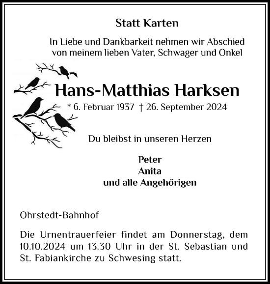 Traueranzeige von Hans-Matthias Harksen von Region Flensburg