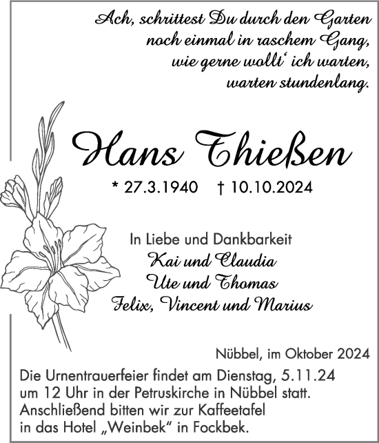 Traueranzeige von Hans Thießen von Schleswig-Holsteinische Landeszeitung