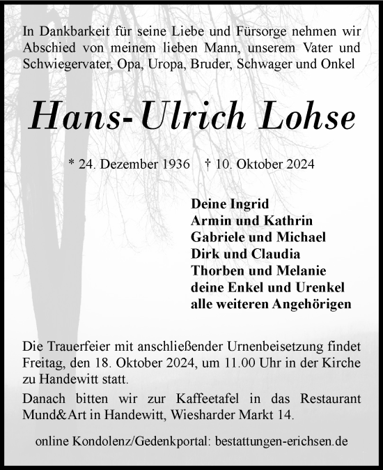 Traueranzeige von Hans-Ulrich Lohse von Flensburger Tageblatt