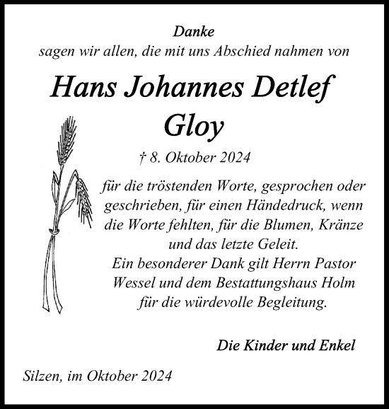 Traueranzeige von Hans Johannes Detlef Gloy von Norddeutsche Rundschau, Wilstersche Zeitung, Glückstädter Fortuna